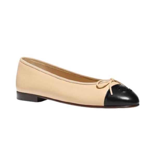 Chanel Cap Toe Ballet Flats Womens 42 11 Black Beige Nude Leather CC Logo Shoes - Picture 13 of 13